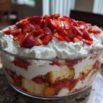 Layers of cake, whipped cream, and fresh strawberries visible in a glass bowl making up a strawberry shortcake trifle.