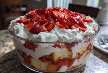Layers of cake, whipped cream, and fresh strawberries visible in a glass bowl making up a strawberry shortcake trifle.