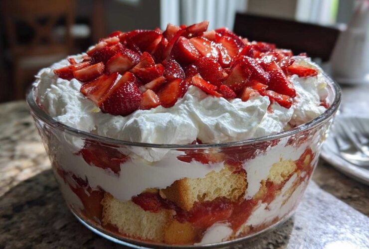 Layers of cake, whipped cream, and fresh strawberries visible in a glass bowl making up a strawberry shortcake trifle.