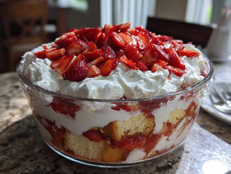 Layers of cake, whipped cream, and fresh strawberries visible in a glass bowl making up a strawberry shortcake trifle.