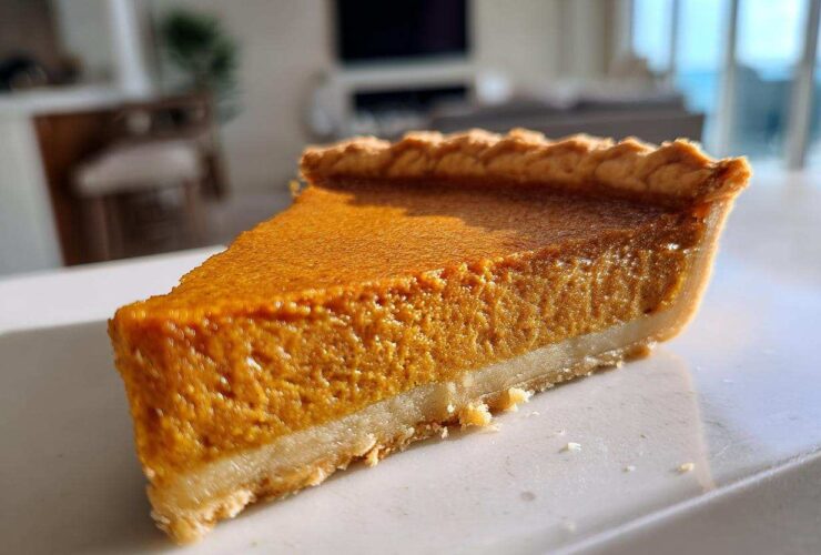 A close-up, sunlit slice of rich, orange sweet potato pie with a flaky crust.