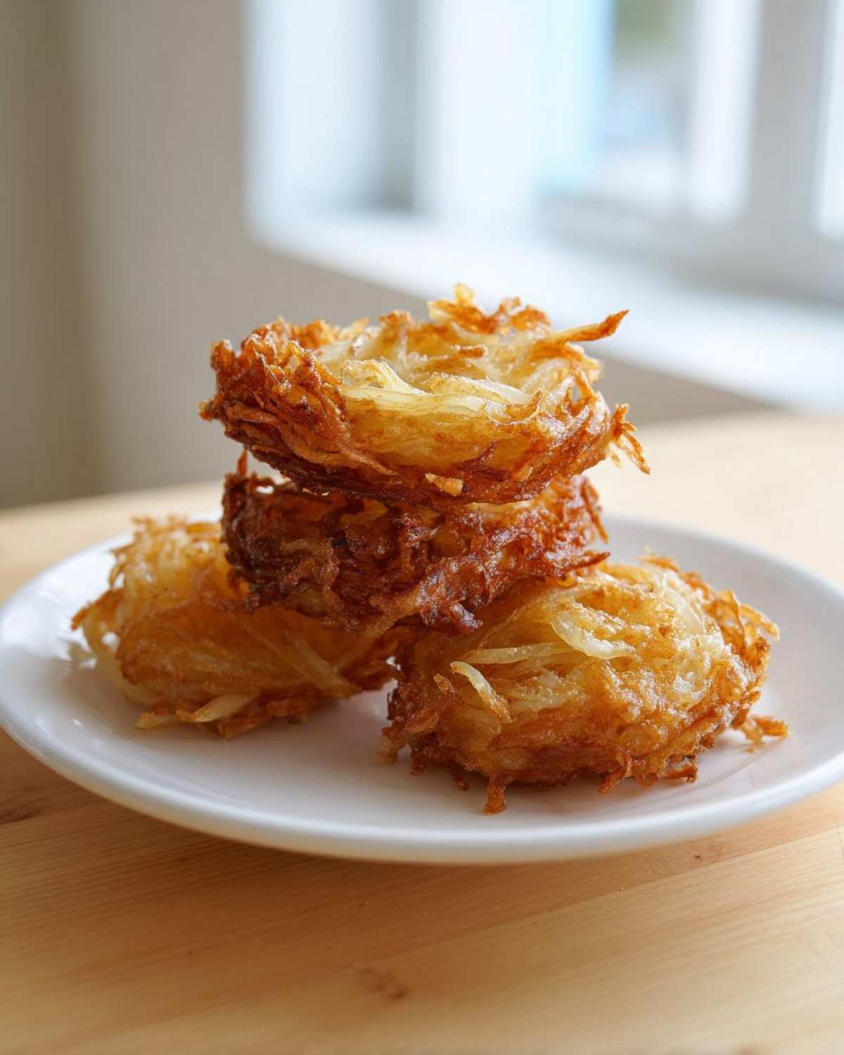 A stack of three crispy, golden brown Amish Onion Fritters made from shredded onions, served on a small white plate.