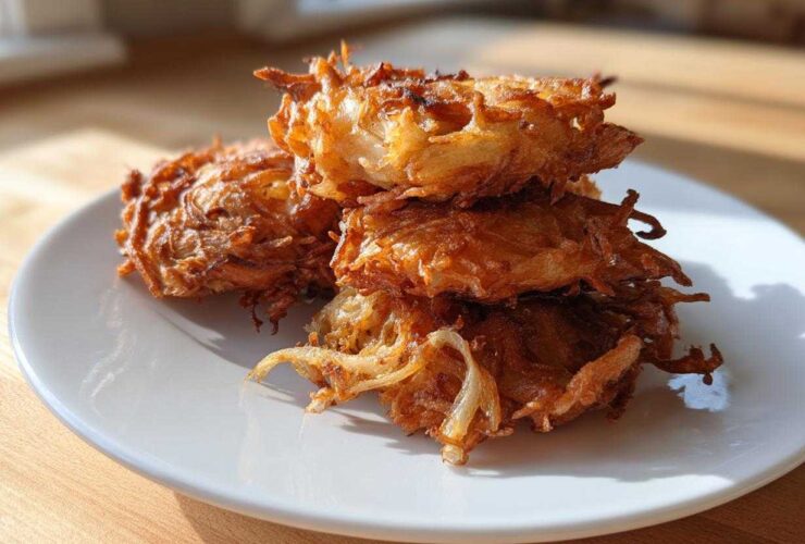 A stack of crispy, golden brown Amish Onion Fritters resting on a white plate.