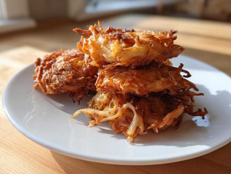 A stack of crispy, golden brown Amish Onion Fritters resting on a white plate.