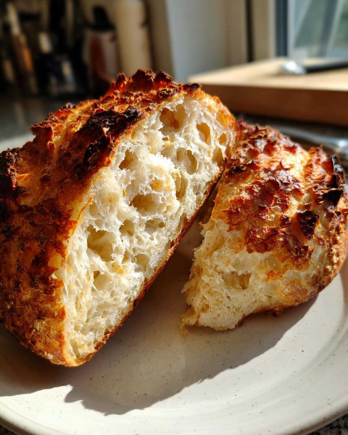 Close-up of homemade artisan bread cut in half, revealing an airy, open crumb structure and dark, crusty exterior.