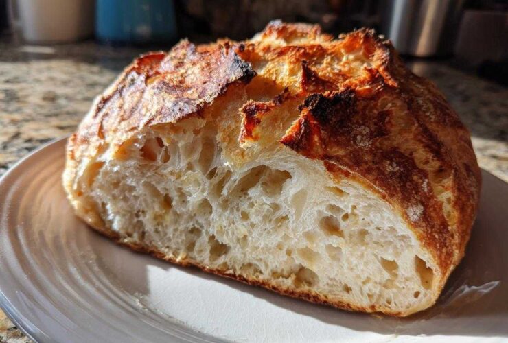 A freshly baked loaf of artisan bread, cut in half to show the airy, open crumb structure and dark, crusty exterior of the bread.