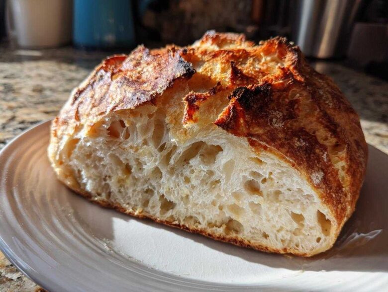 A freshly baked loaf of artisan bread, cut in half to show the airy, open crumb structure and dark, crusty exterior of the bread.