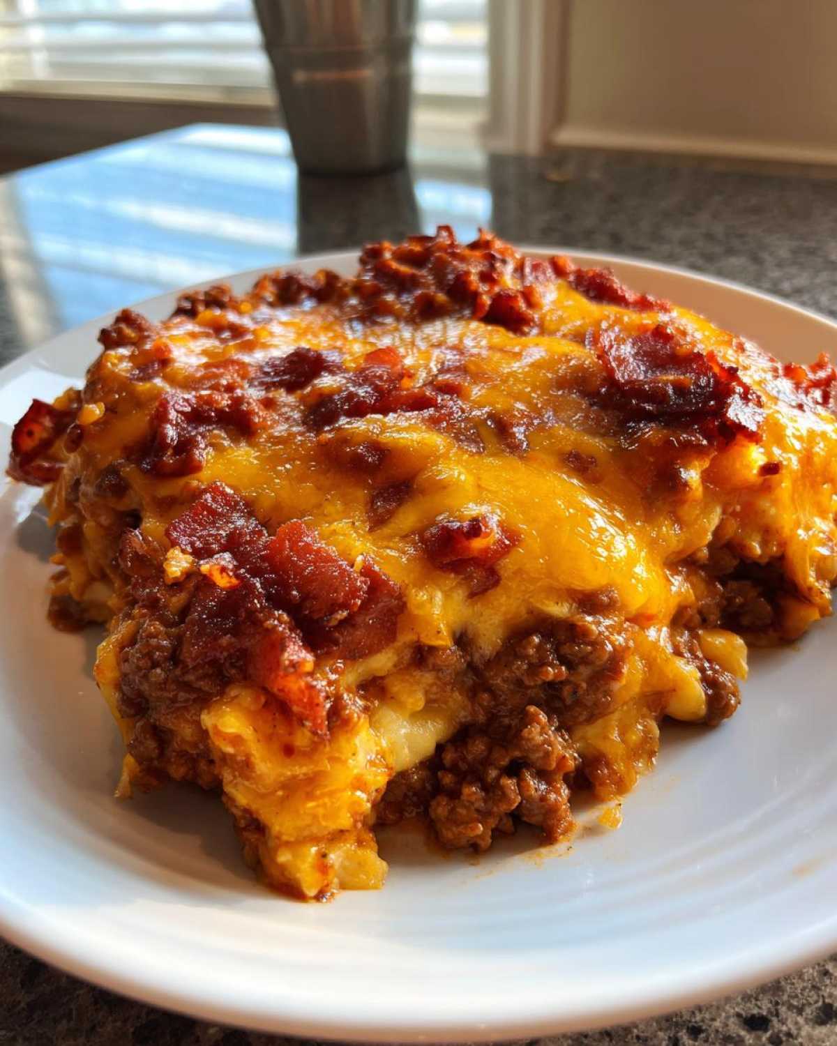 A close-up serving of bacon cheeseburger casserole topped with melted cheddar cheese and crispy bacon bits.