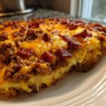 A close-up of a hearty slice of bacon cheeseburger casserole topped with melted cheddar and crispy bacon bits.