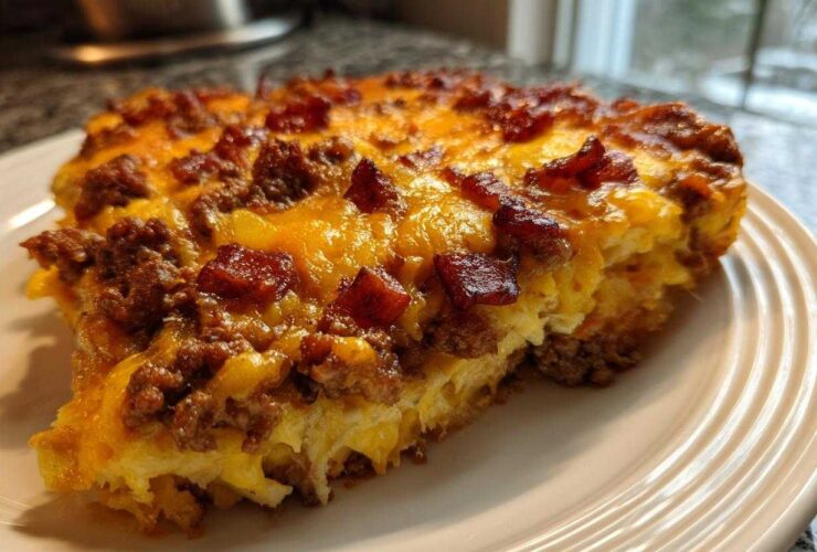 A close-up of a hearty slice of bacon cheeseburger casserole topped with melted cheddar and crispy bacon bits.