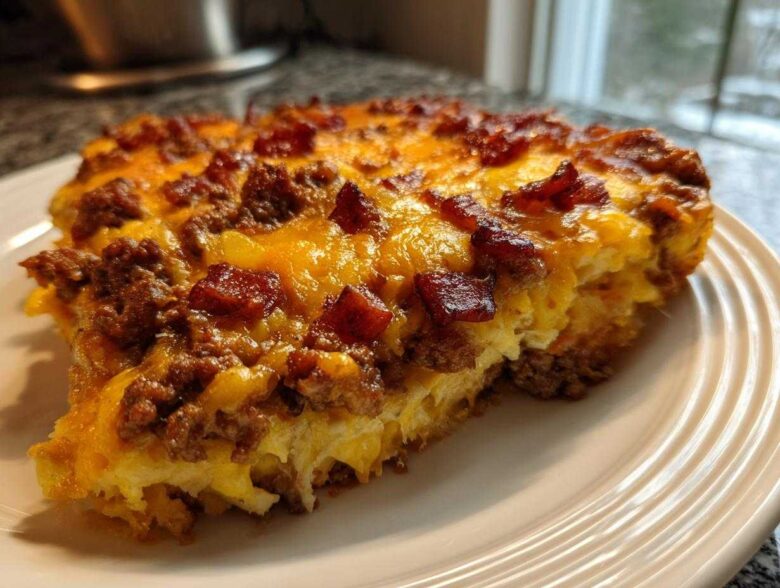 A close-up of a hearty slice of bacon cheeseburger casserole topped with melted cheddar and crispy bacon bits.