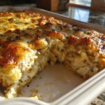 Close-up of a baked chicken wild rice casserole with a deeply browned, cheesy crust and visible chunks of chicken and rice.