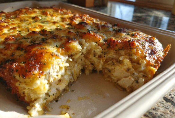 Close-up of a baked chicken wild rice casserole with a deeply browned, cheesy crust and visible chunks of chicken and rice.