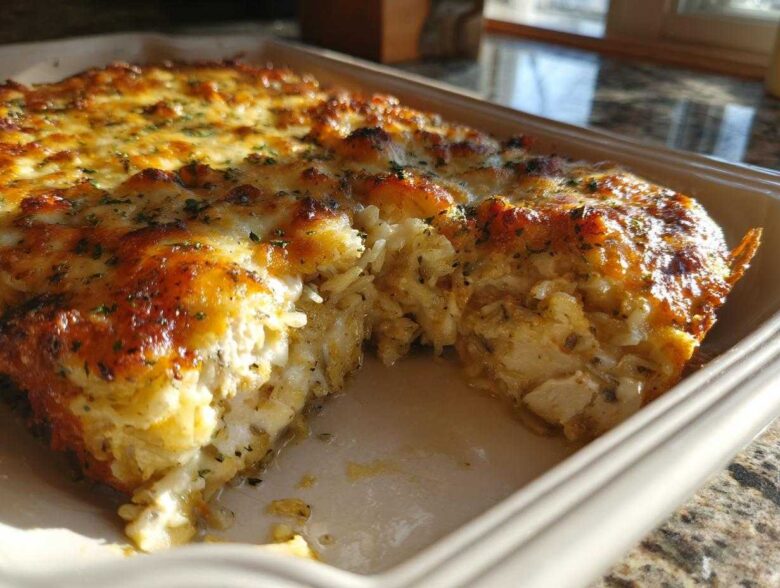 Close-up of a baked chicken wild rice casserole with a deeply browned, cheesy crust and visible chunks of chicken and rice.