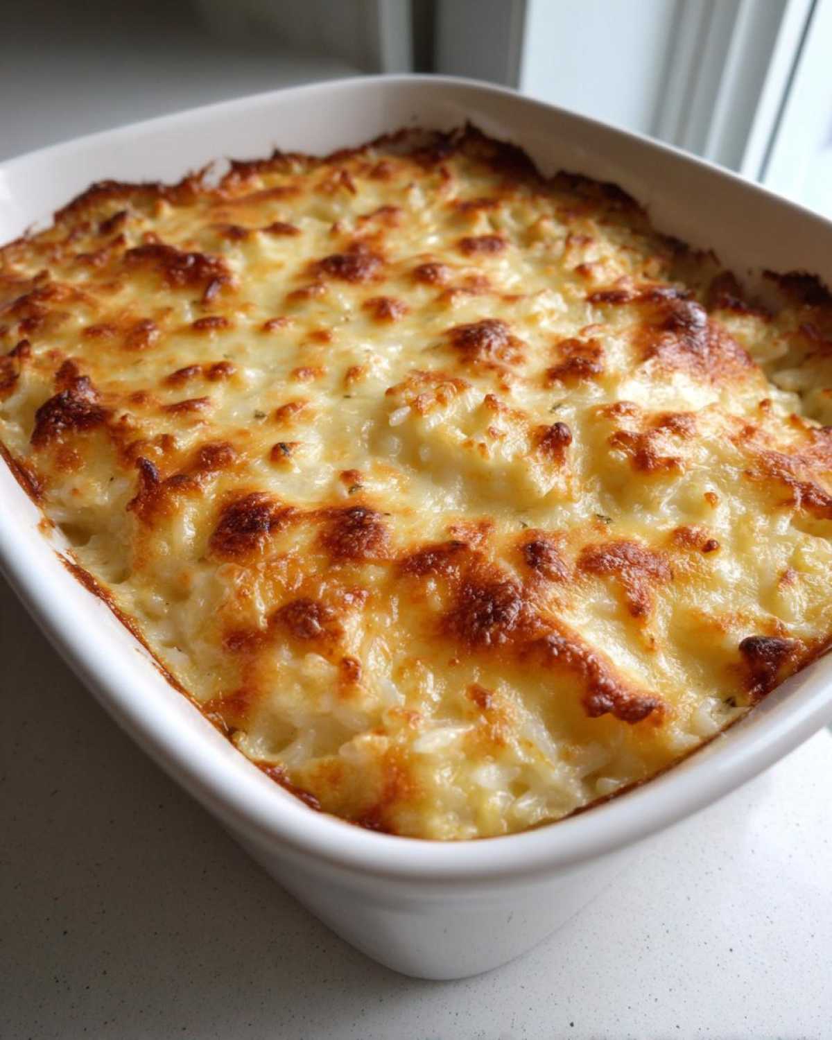 A close-up of baked french onion butter rice casserole topped with bubbly, golden-brown melted cheese in a white dish.