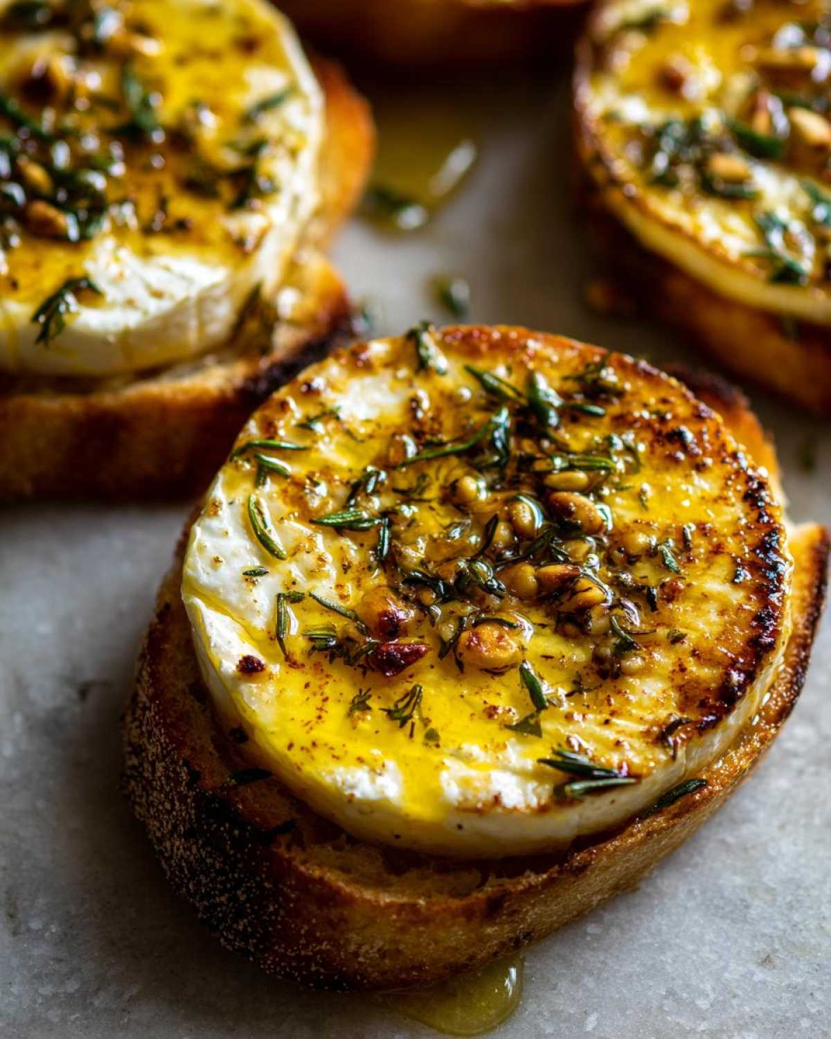 Close-up of a warm goat cheese and honey bite, topped with herbs and drizzled with oil, served on toasted bread.