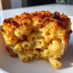 Close-up of a square serving of baked mac and cheese recipe with a crispy, browned breadcrumb topping.
