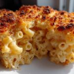 A close-up, cross-section view of a rich, creamy baked mac and cheese recipe with a crispy, browned topping.