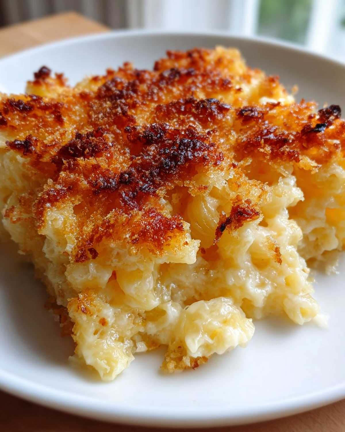 Close-up of a serving of baked mac and cheese recipe with creamy pasta and a dark, crispy breadcrumb topping.