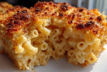 A close-up, cross-section view of a rich, creamy baked mac and cheese recipe with a crispy, browned topping.
