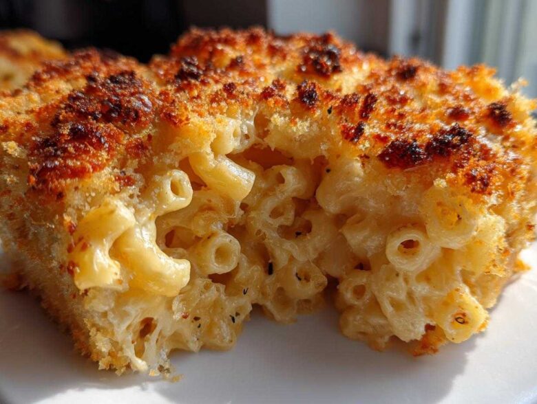 A close-up, cross-section view of a rich, creamy baked mac and cheese recipe with a crispy, browned topping.