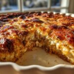 Close-up of a baked stuffed mushroom dip with a deeply browned, cheesy top, showing a scoop removed.