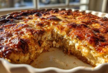 Close-up of a baked stuffed mushroom dip with a deeply browned, cheesy top, showing a scoop removed.