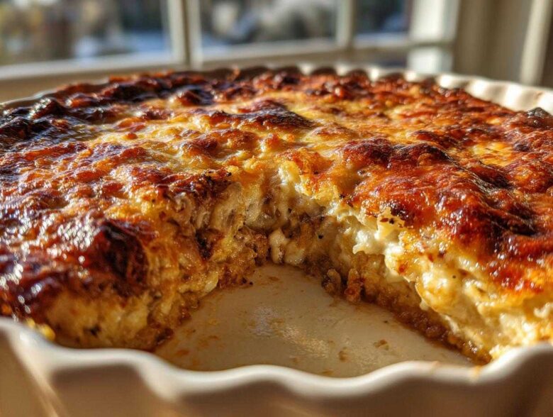 Close-up of a baked stuffed mushroom dip with a deeply browned, cheesy top, showing a scoop removed.