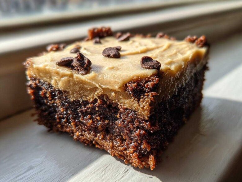 A single square of rich, dark banana bread brownies topped with light brown frosting and chocolate chips.