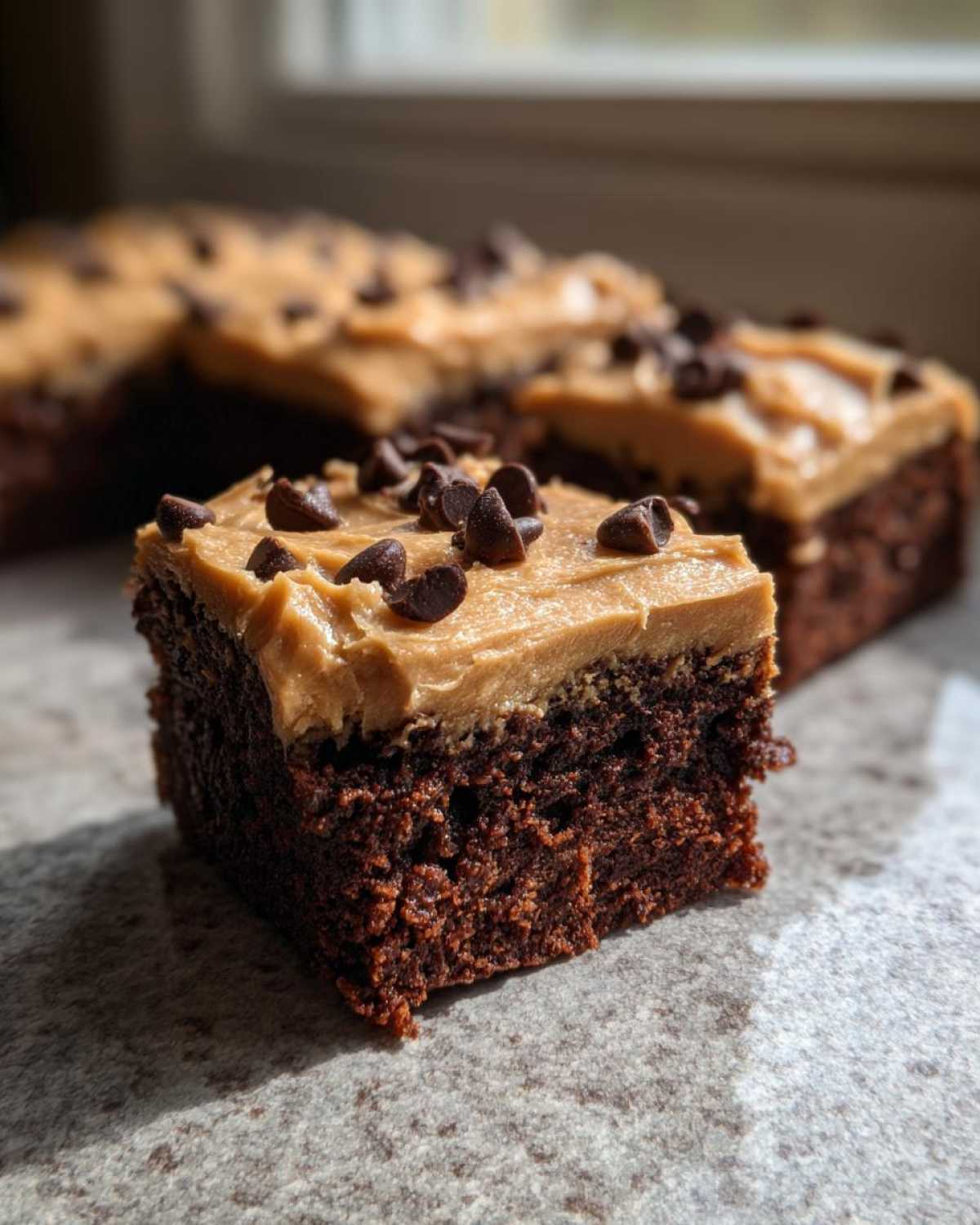 A square piece of rich, dark chocolate banana bread brownies topped with peanut butter frosting and mini chocolate chips.