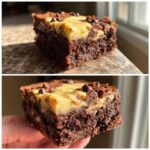 Close-up of a fudgy banana bread brownies square topped with a banana cream cheese swirl and chocolate chips.