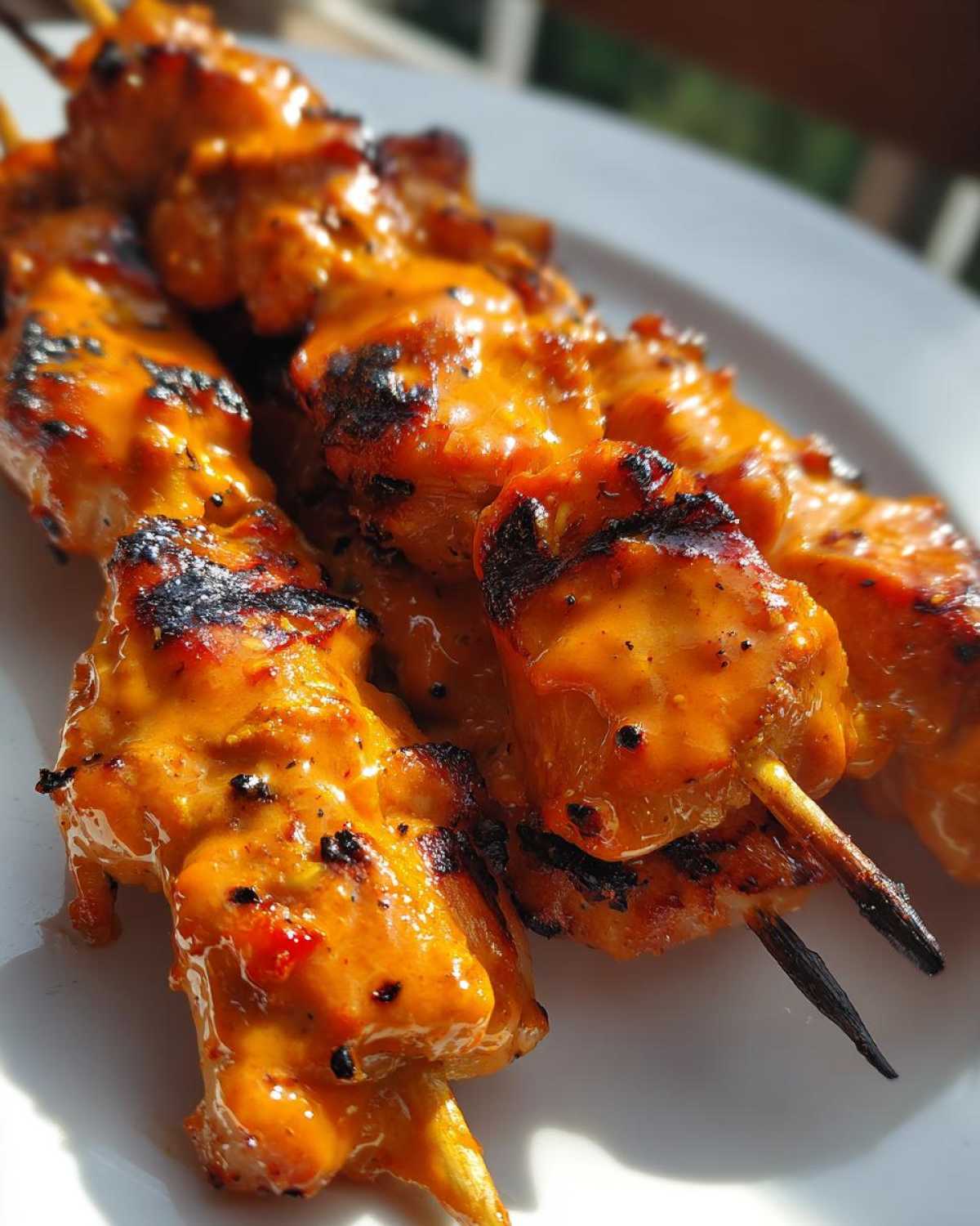 Close-up of grilled, orange-glazed Bang Bang Chicken Skewers resting on a white plate.