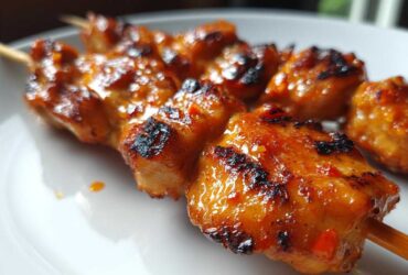 Close-up of perfectly grilled bang bang chicken skewers coated in a glossy, spicy orange sauce.