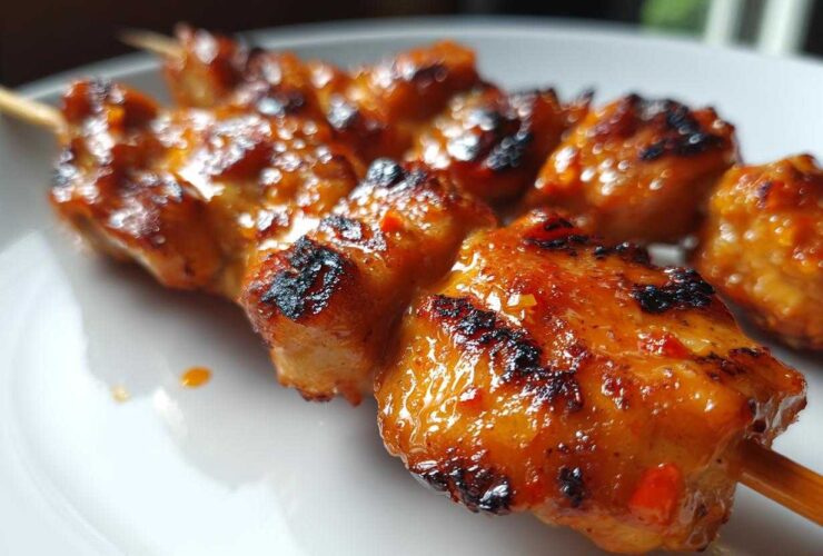 Close-up of perfectly grilled bang bang chicken skewers coated in a glossy, spicy orange sauce.
