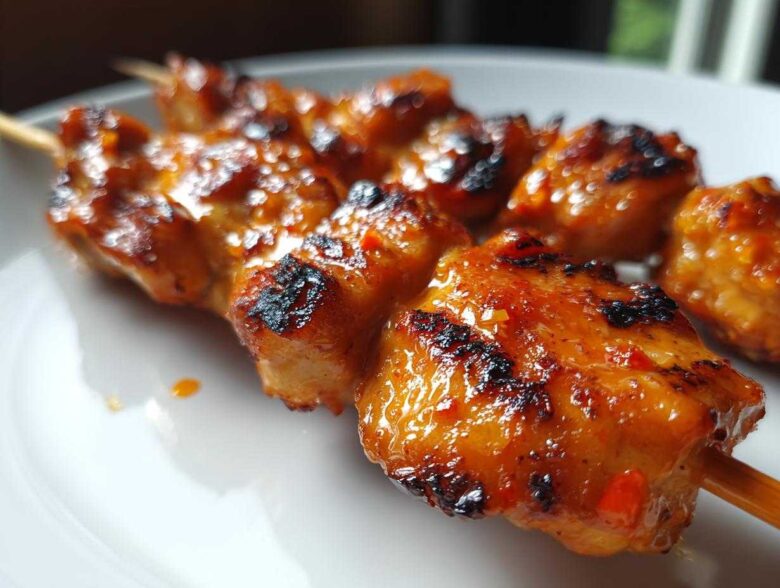 Close-up of perfectly grilled bang bang chicken skewers coated in a glossy, spicy orange sauce.