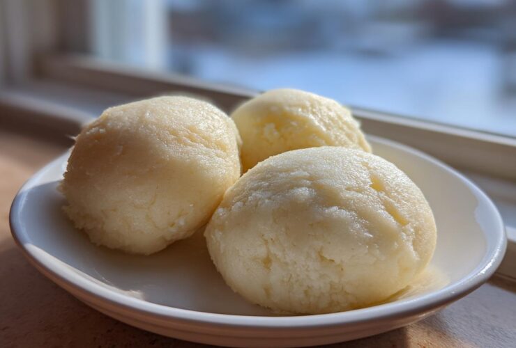 Three perfectly shaped scoops of pale yellow fufu served on a small white dish near a window.