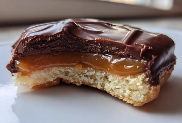 A close-up view of a homemade Twix cookie with a bite taken out, showing the shortbread base, gooey caramel layer, and thick chocolate topping.