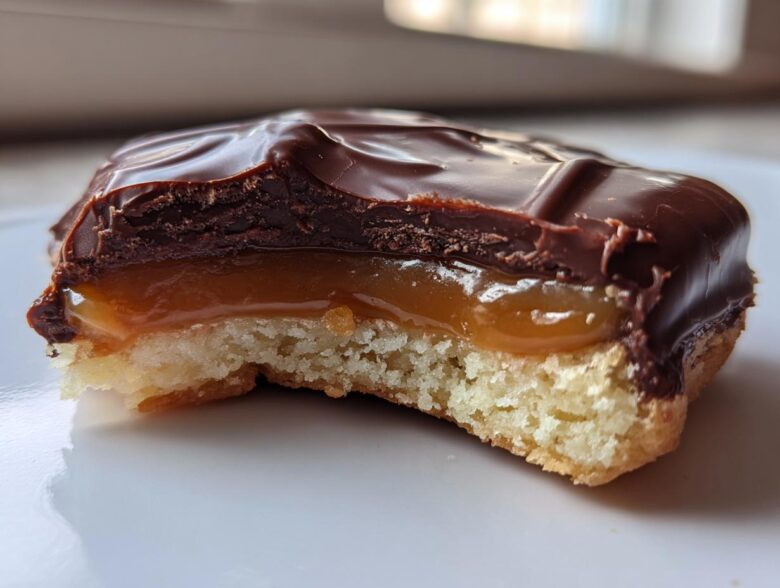 A close-up view of a homemade Twix cookie with a bite taken out, showing the shortbread base, gooey caramel layer, and thick chocolate topping.