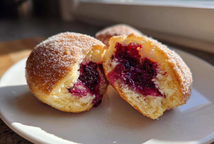 One of the Blueberry Pie Bombs cut in half revealing a rich, dark purple blueberry filling inside the fluffy dough.