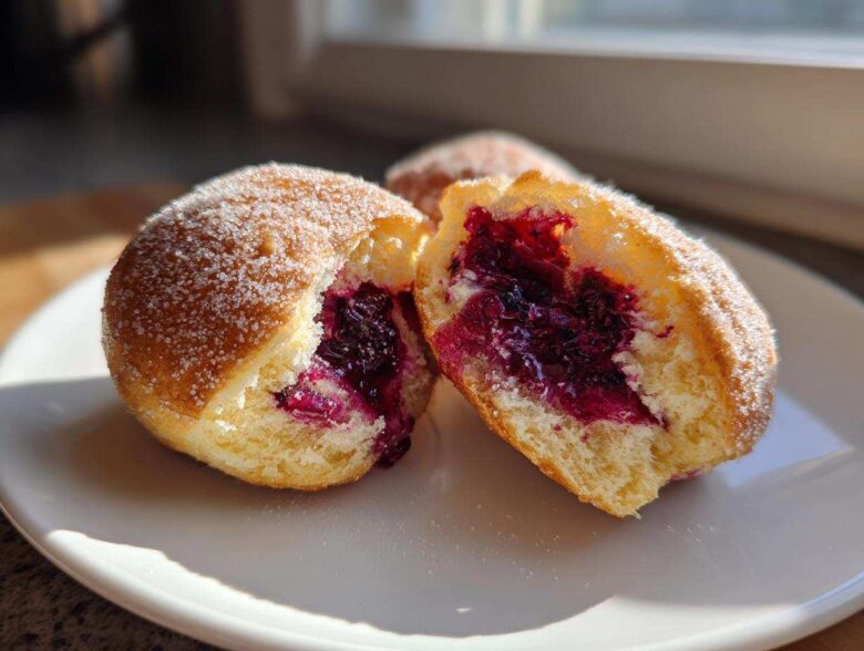 One of the Blueberry Pie Bombs cut in half revealing a rich, dark purple blueberry filling inside the fluffy dough.