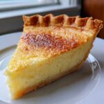 A close-up slice of creamy buttermilk pie resting on a white plate, featuring a golden-brown, slightly caramelized top.