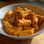 A white bowl filled with rigatoni pasta coated in vibrant orange butternut squash pasta sauce, garnished with herbs.