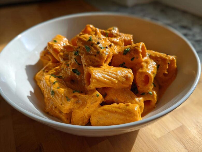 A white bowl filled with rigatoni pasta coated in vibrant orange butternut squash pasta sauce, garnished with herbs.