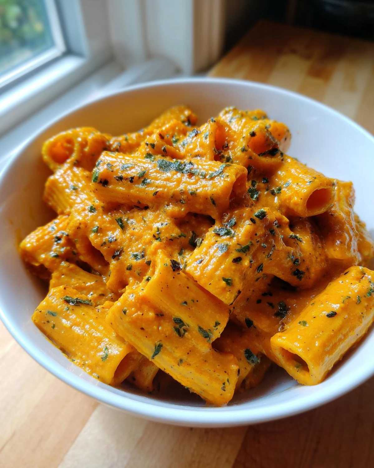 Close-up of rigatoni pasta coated in vibrant orange butternut squash pasta sauce and topped with fresh herbs.