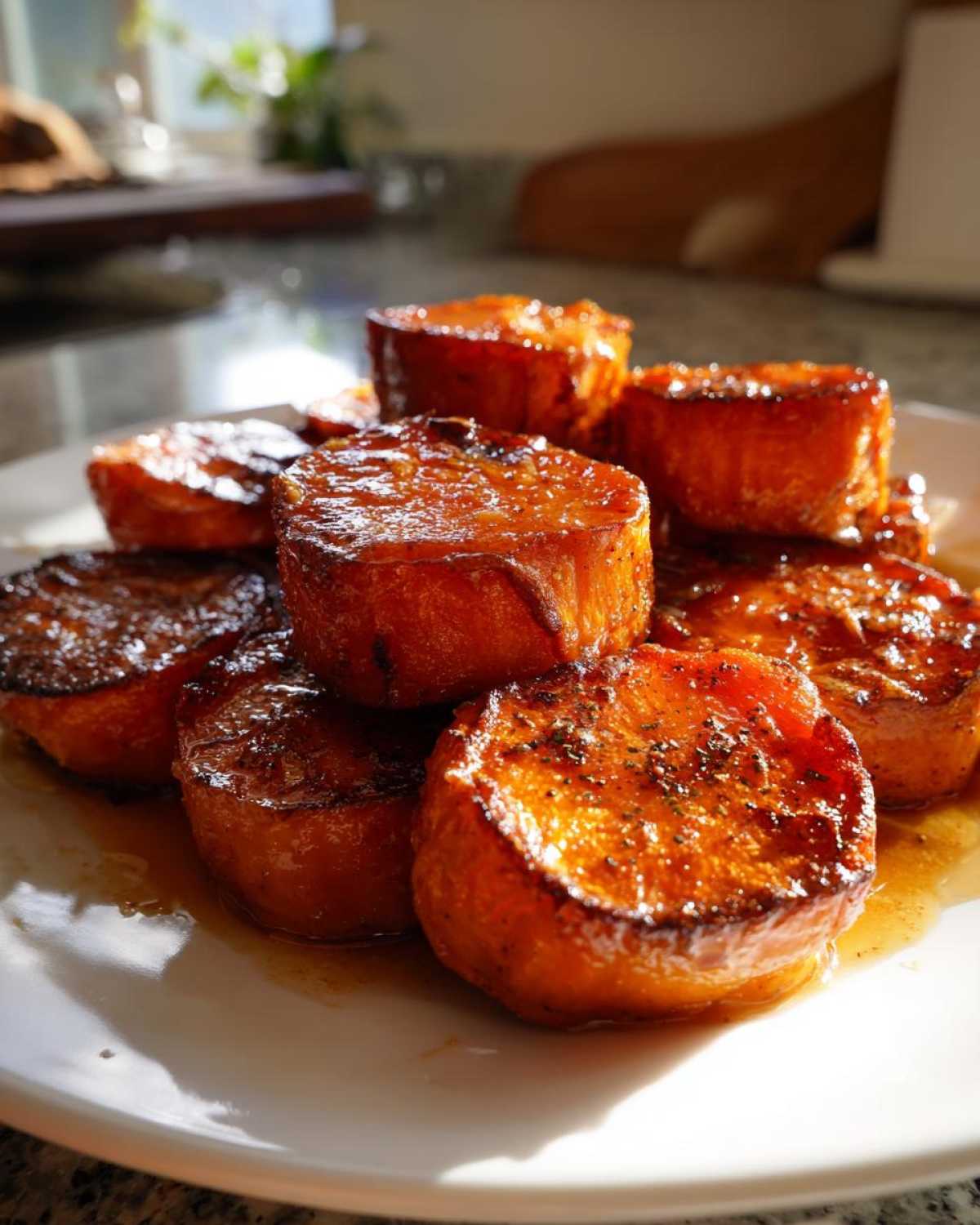 A stack of thick, round candied yams glistening with a sweet glaze, seasoned with spices.