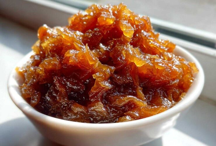 Close-up of rich, dark brown caramelized onions piled high in a small white serving bowl.