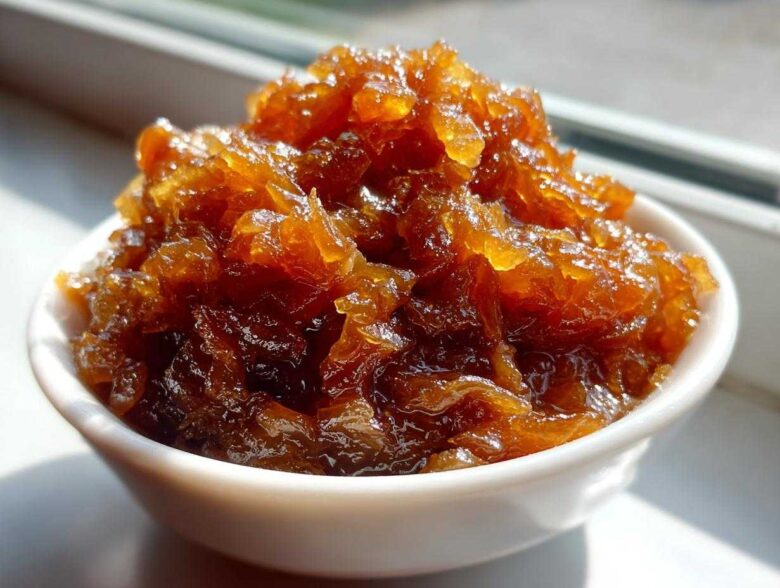 Close-up of rich, dark brown caramelized onions piled high in a small white serving bowl.