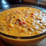 Close-up of a bowl filled with thick, creamy cheeseburger soup recipe, featuring ground beef and diced vegetables.