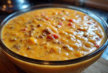 Close-up of a bowl filled with thick, creamy cheeseburger soup recipe, featuring ground beef and diced vegetables.