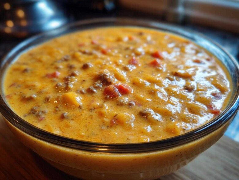 Close-up of a bowl filled with thick, creamy cheeseburger soup recipe, featuring ground beef and diced vegetables.